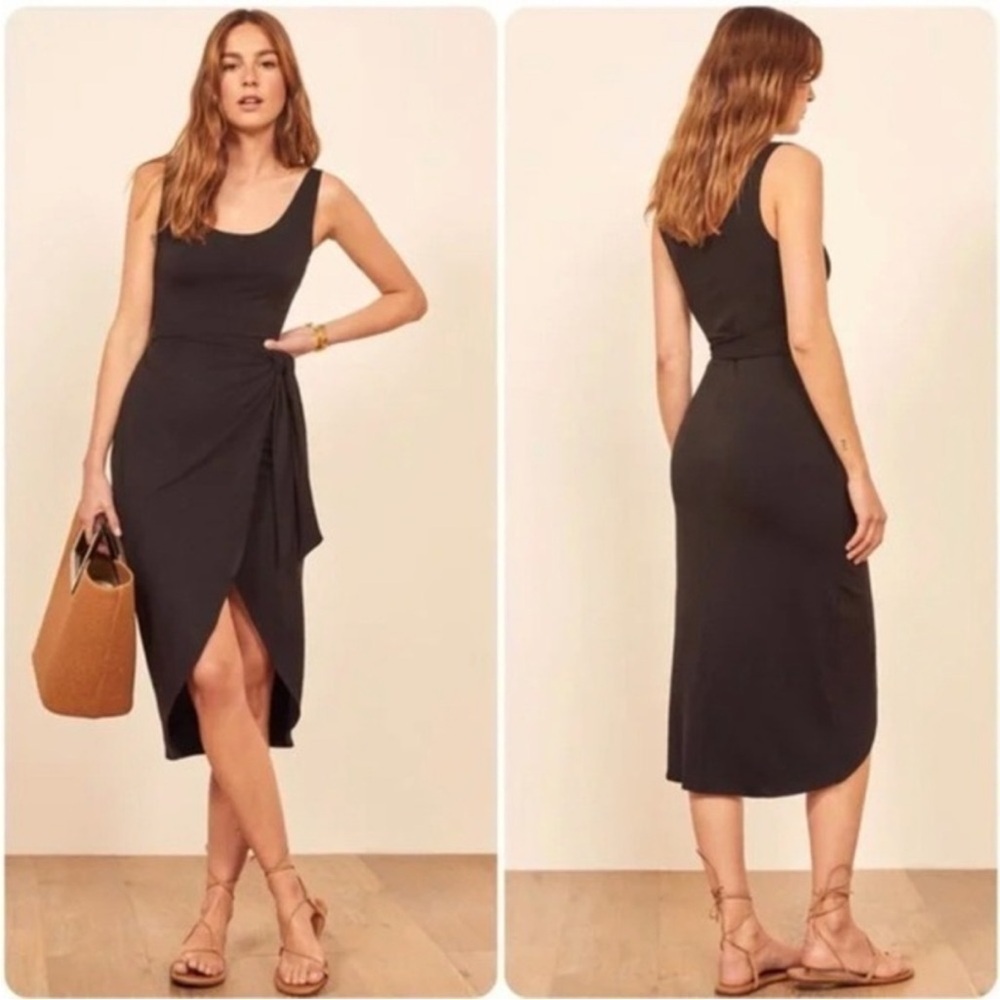 REFORMATION Kaila Black Summer Beachy Tencel Minimalist Wrap Style Midi Dress
